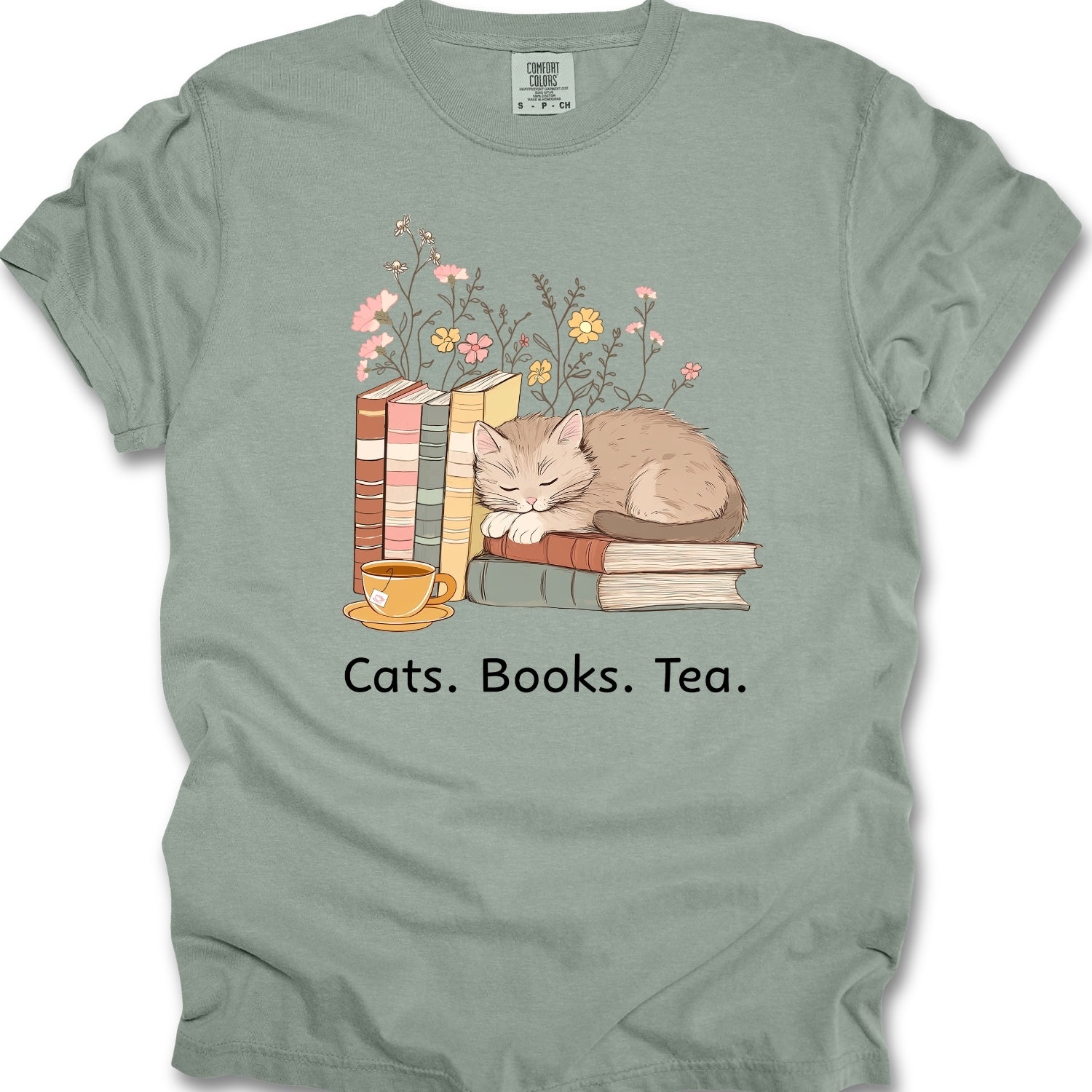 Cats Books Tea Tee